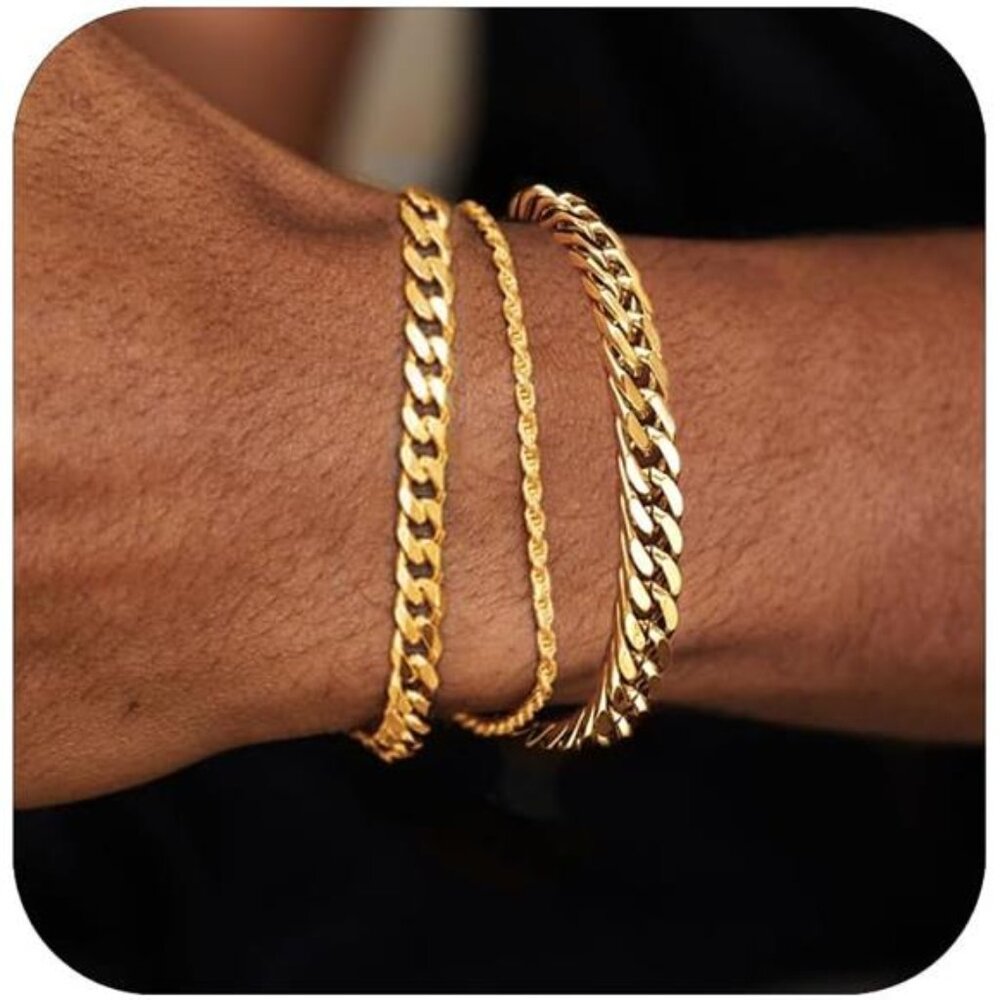 3-Piece Gold Plated Stainless Steel Men's Bracelet Set | Adjustable Cuban Chain